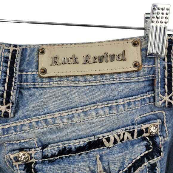 Rock Revival Abbie Straight Leg Low Rise Jeans Women Sz 28 Distressed Light Wash - Picture 10 of 13